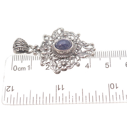 925 Sterling Silver Vintage Real Tanzanite Floral Oxidized Charm Pendant