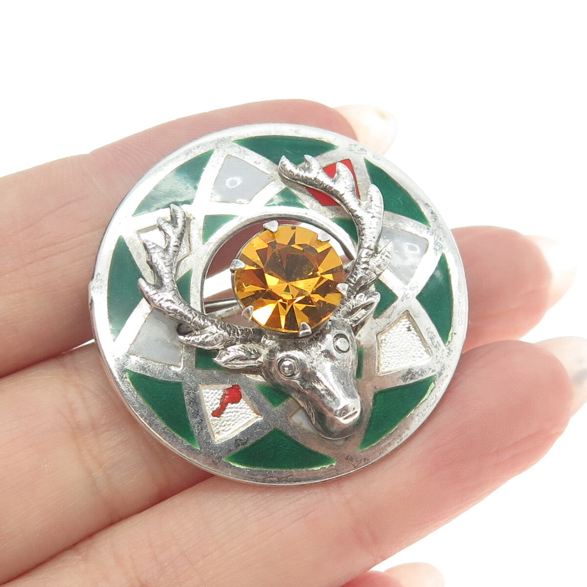 925 Sterling Silver Vintage Enamel Yellow Rhinestone Scottish Stag Pin Brooch