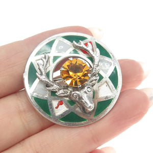 925 Sterling Silver Vintage Enamel Yellow Rhinestone Scottish Stag Pin Brooch