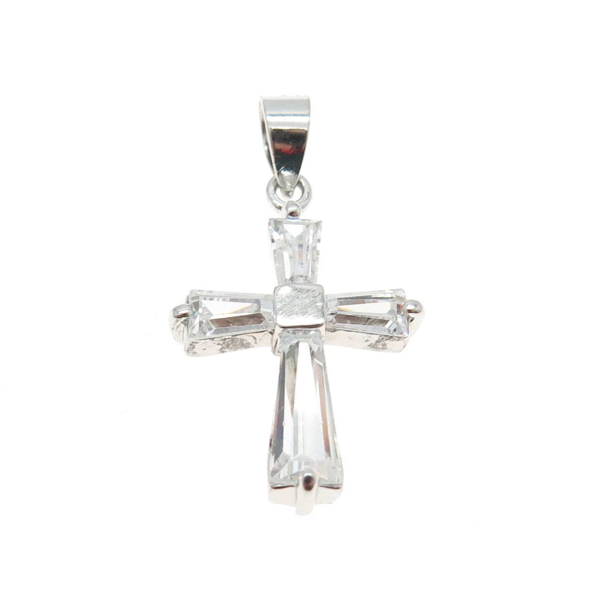 925 Sterling Silver Tapered Baguette Cut Shaped C Z Cross Pendant