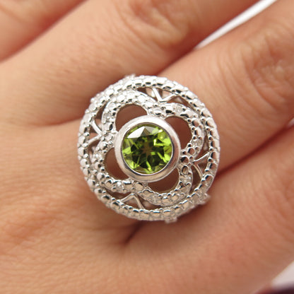 925 Sterling Silver Real White Diamond & Peridot Gem Ornate Round Ring Size 8