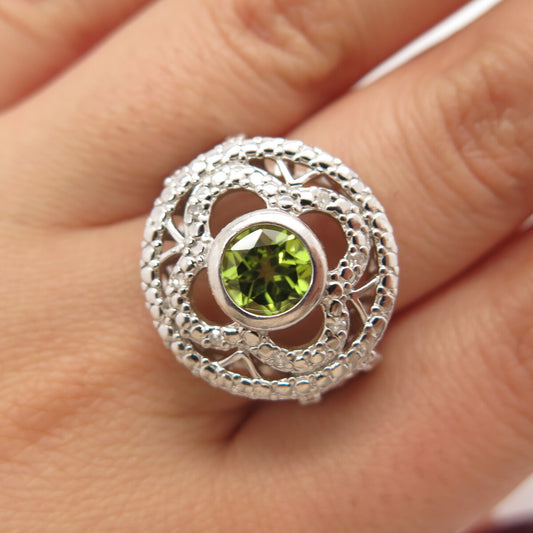 925 Sterling Silver Real White Diamond & Peridot Gem Ornate Round Ring Size 8