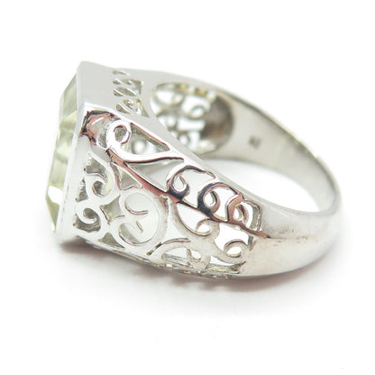 925 Sterling Silver Real Emerald-Cut Lime Citrine Swirl Ring Size 8.25