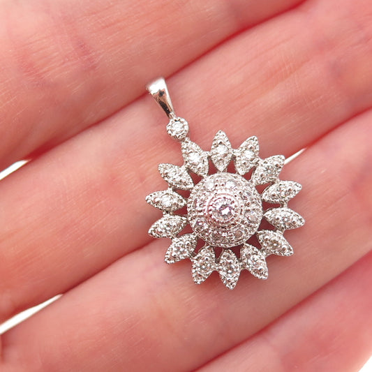 925 Sterling Silver Round-Cut C Z Floral Charm Pendant