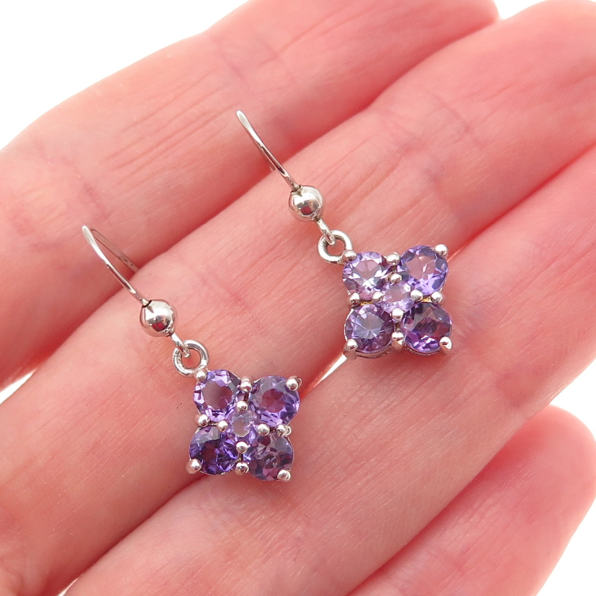 925 Sterling Silver Real Round-Cut Amethyst Floral Dangle Earrings