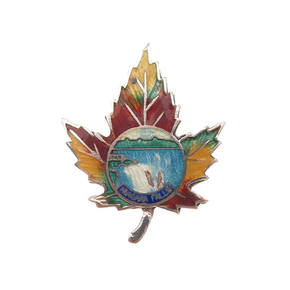 925 Sterling Silver Antique Art Deco Enamel Niagara Falls Maple Leaf Pin Brooch