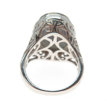 925 Sterling Silver Real Oval-Cut Gold Druzy Ornate Ring Size 5.25