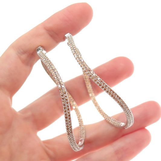 KLEO 925 Sterling Silver Round-Cut Cognac C Z In & Out Wavy Large Hoop Earrings