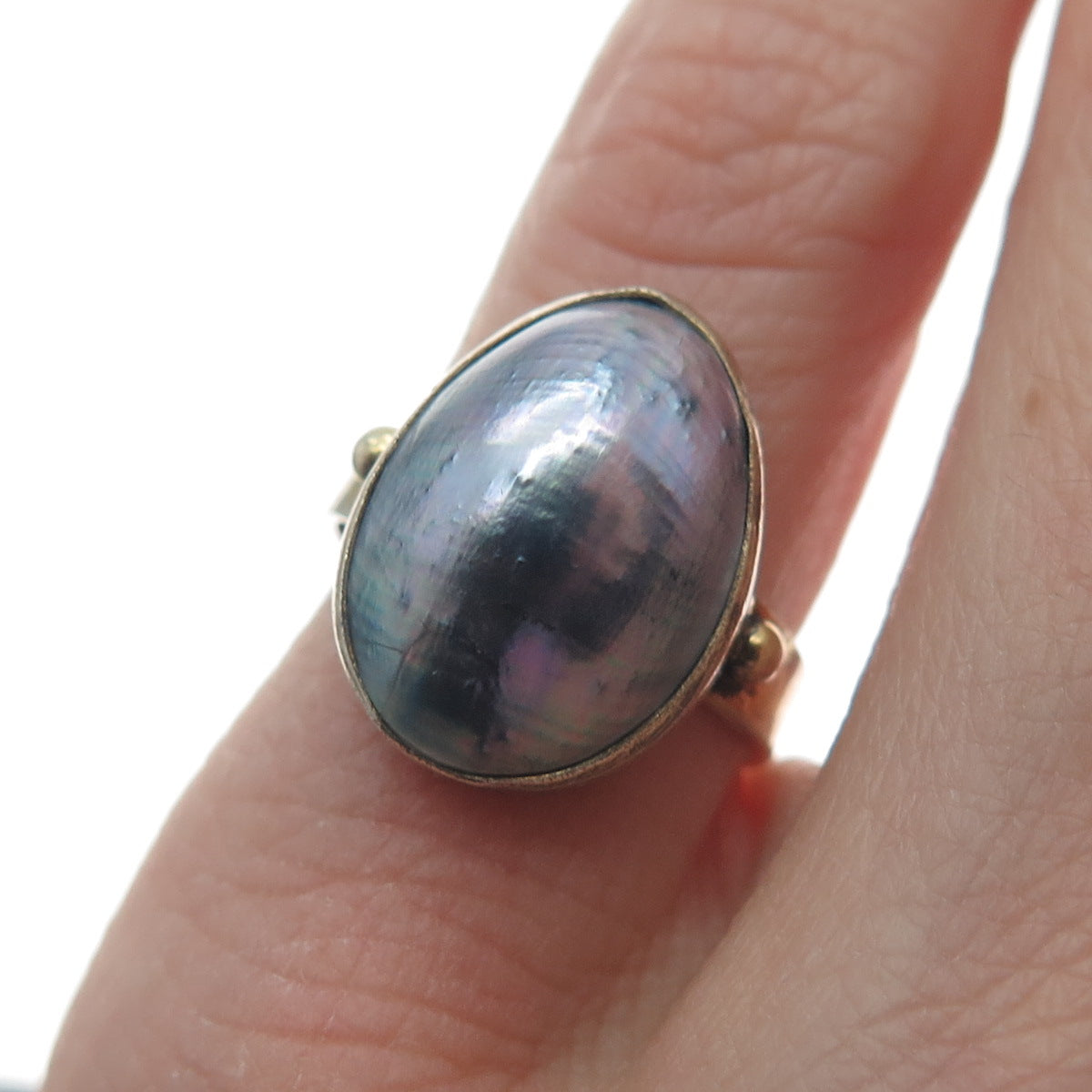925 Sterling Silver 2-Tone Vintage Real Mother-of-Pearl Modernist Ring Size 4