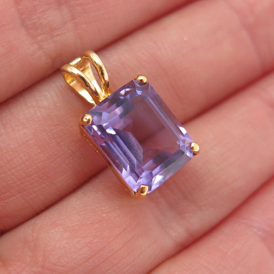 925 Sterling Silver Gold Plated Real Emerald-Cut Amethyst Mini Charm Pendant
