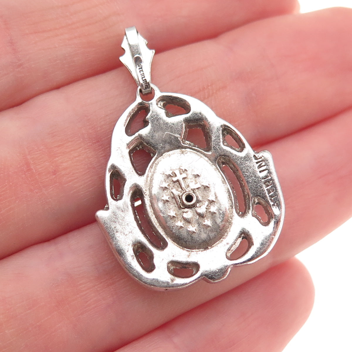 925 Sterling Silver Antique Art Deco Real MOP & Marcasite St. Mary Charm Pendant