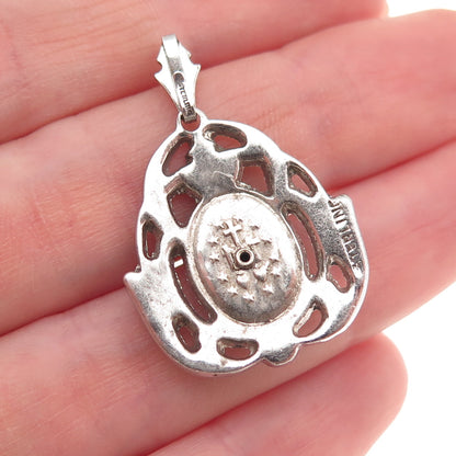 925 Sterling Silver Antique Art Deco Real MOP & Marcasite St. Mary Charm Pendant