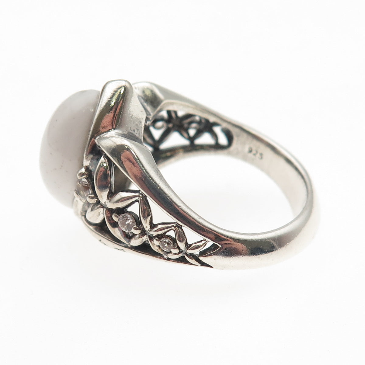 ANN KING 925 Sterling Silver Real White Agate & Topaz Floral Ring Size 9