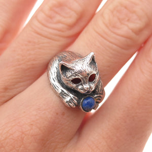 925 Sterling Silver Vintage Real Lapis Cat Oxidized Ring Size 7