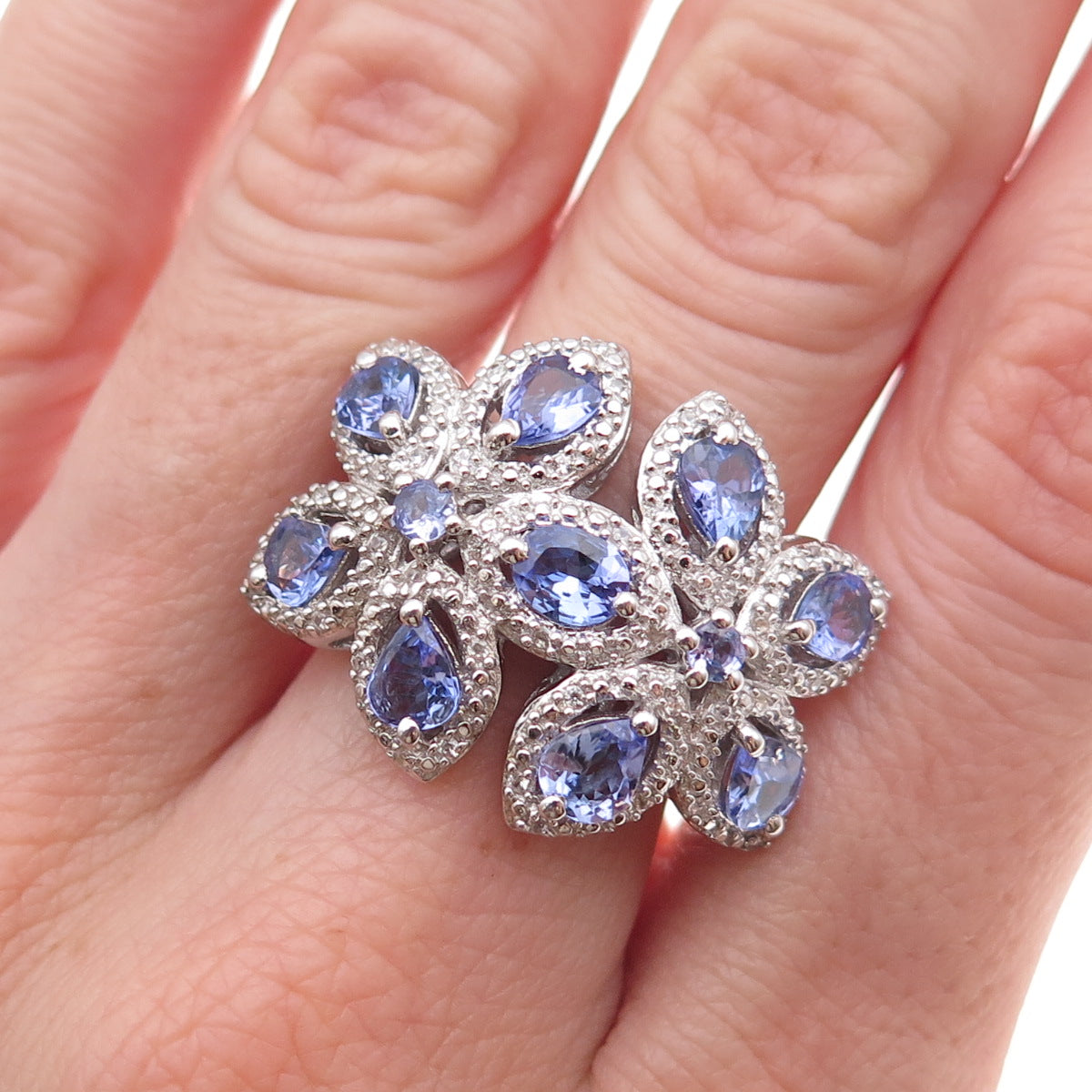 Chuck Clemency 925 Sterling Silver Real Tanzanite & White Topaz Ring Size 8.25