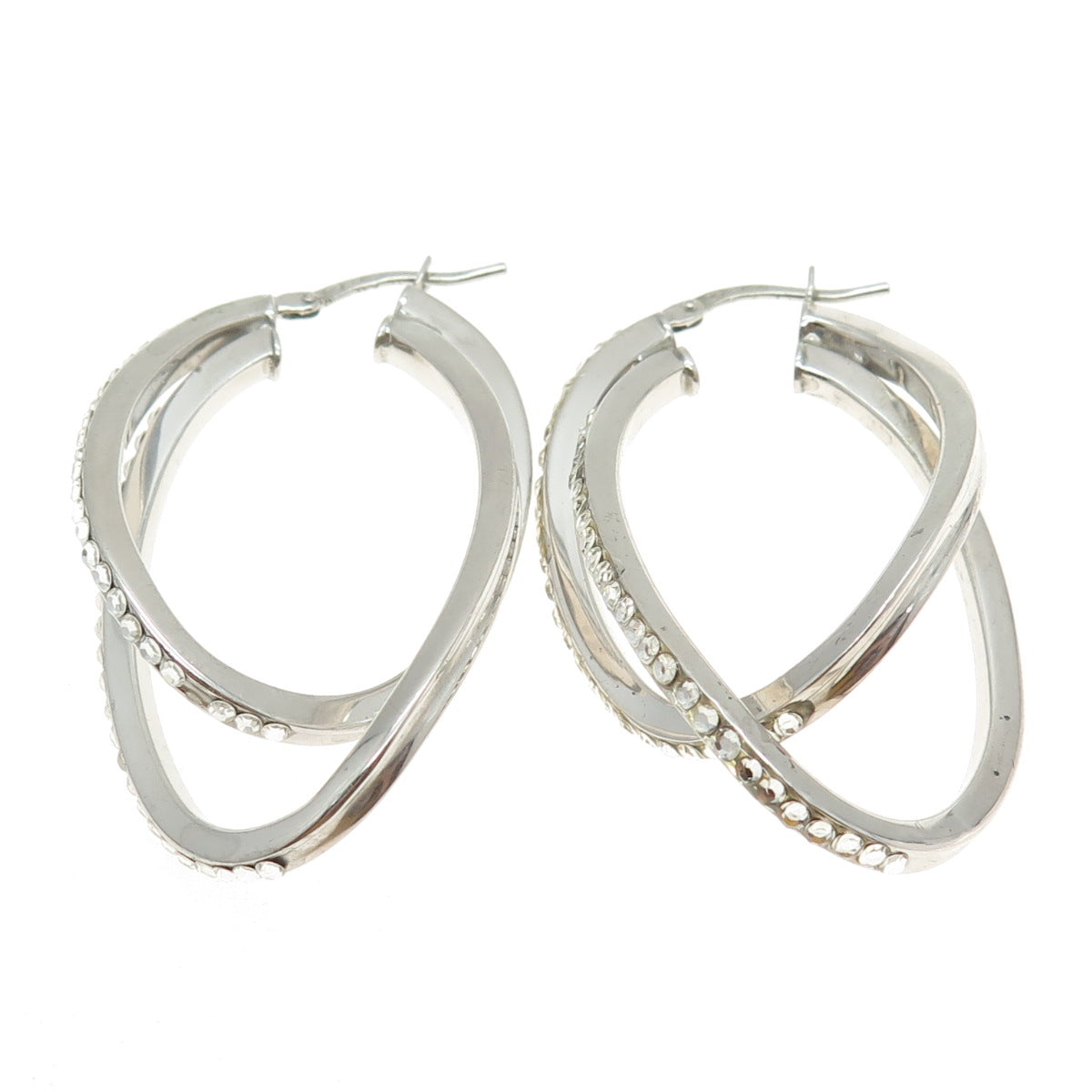 MILOR 925 Sterling Silver Italy Rhinestone Modernist Hinged Hoop Earrings