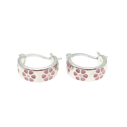 925 Sterling Silver Enamel Flower Hoop Earrings