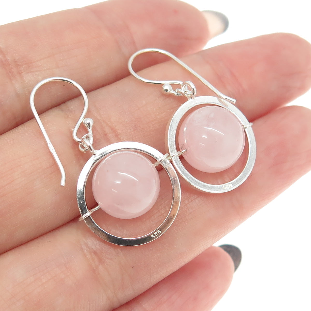 925 Sterling Silver Real Rose Quartz Saturn Dangling Earrings