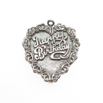 925 Sterling Silver Vintage Happy Birthday Heart Oxidized Charm Pendant