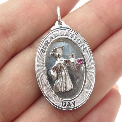 925 Sterling Silver Vintage Pink Rhinestone "Graduation Day" Student Pendant