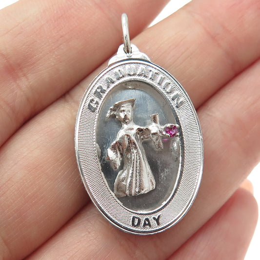 925 Sterling Silver Vintage Pink Rhinestone "Graduation Day" Student Pendant