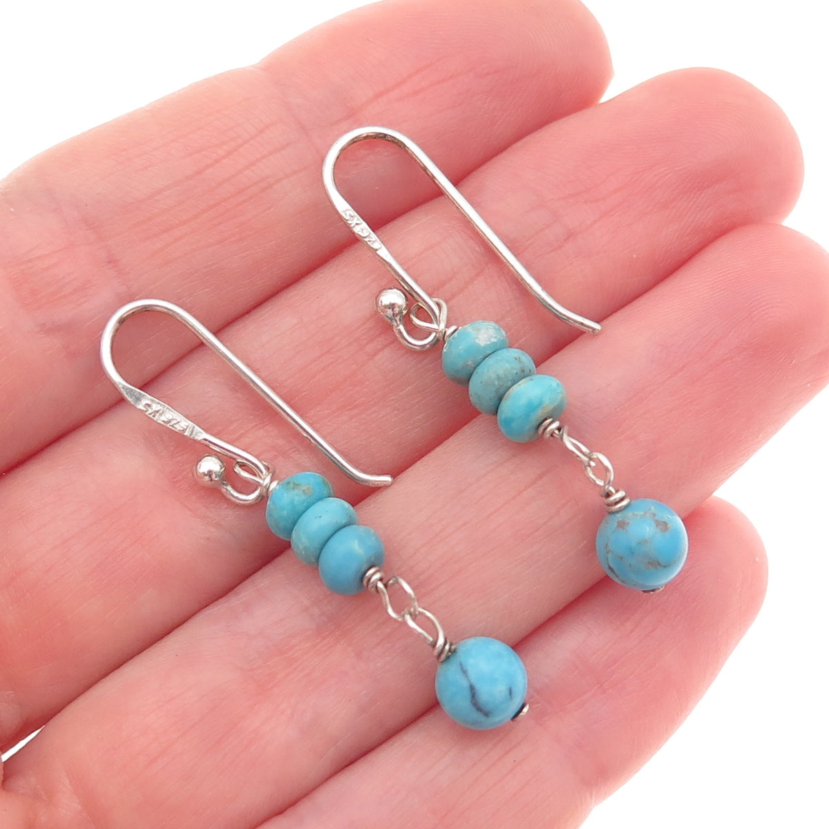 SX Sally C 925 Sterling Silver Vintage Real Turquoise Beaded Dangle Earrings