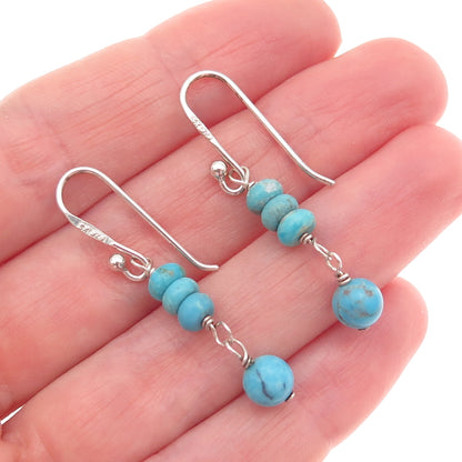 SX Sally C 925 Sterling Silver Vintage Real Turquoise Beaded Dangle Earrings