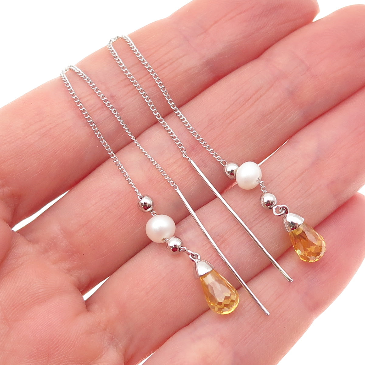 925 Sterling Silver Real Lemon Quartz & Pearl Long Chain Drop Dangle Earrings