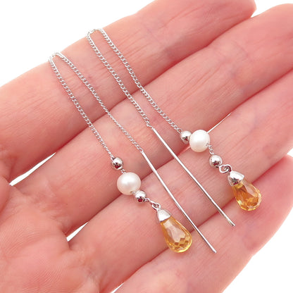 925 Sterling Silver Real Lemon Quartz & Pearl Long Chain Drop Dangle Earrings