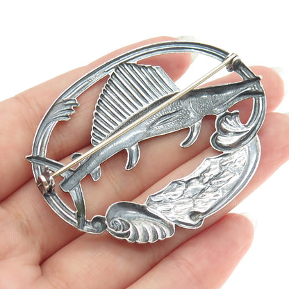 925 Sterling Silver Antique Art Deco Sailfish Repousse Pin Brooch