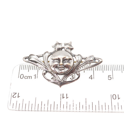 925 Sterling Silver Vintage Moon Face Oxidized Pin Brooch