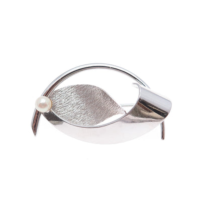 CURTIS CREATIONS Sterling Silver Vintage Real Pearl Modernist Flower Pin Brooch