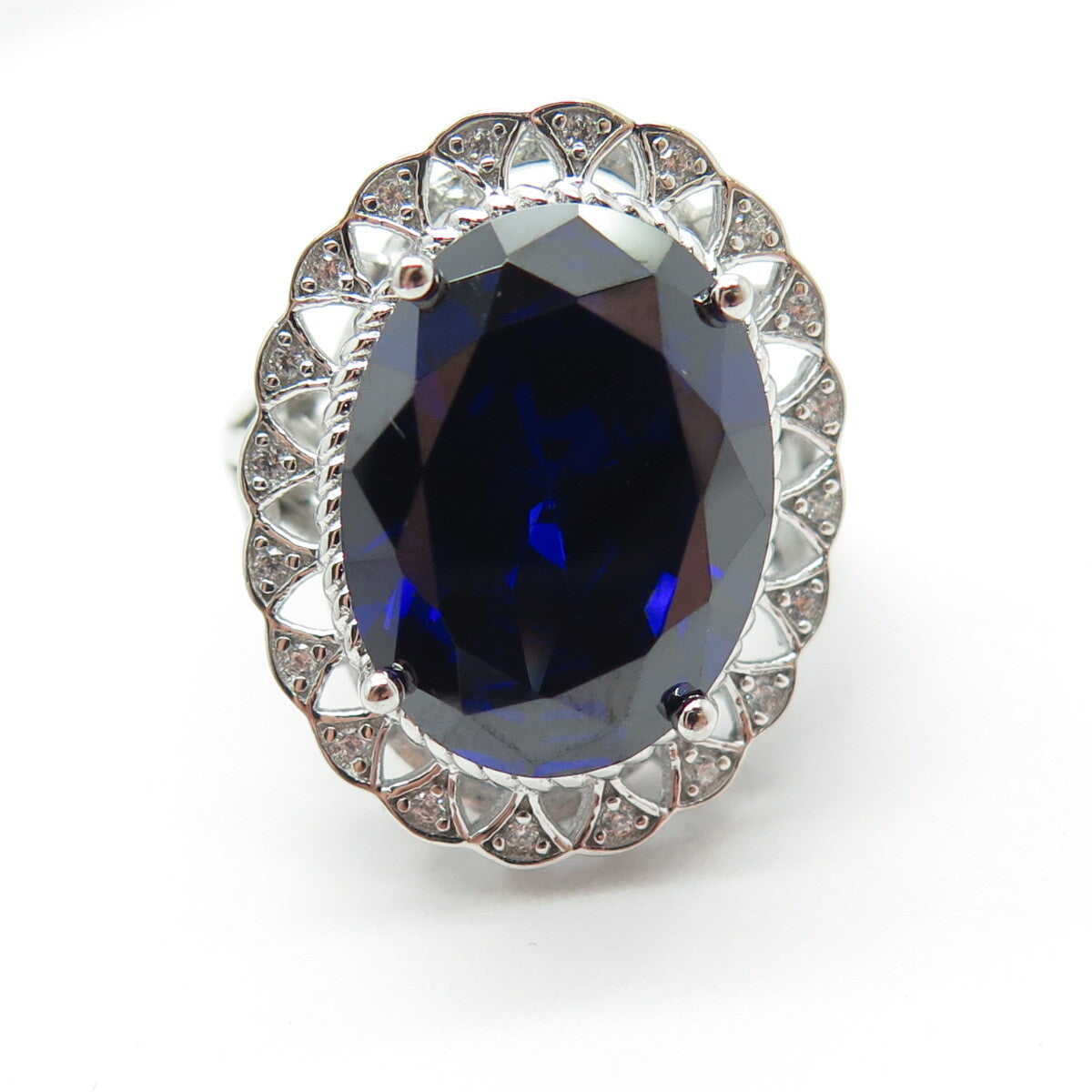 DSMK 925 Sterling Silver Oval-Cut Nano Sapphire & C Z Ring Size 7.25