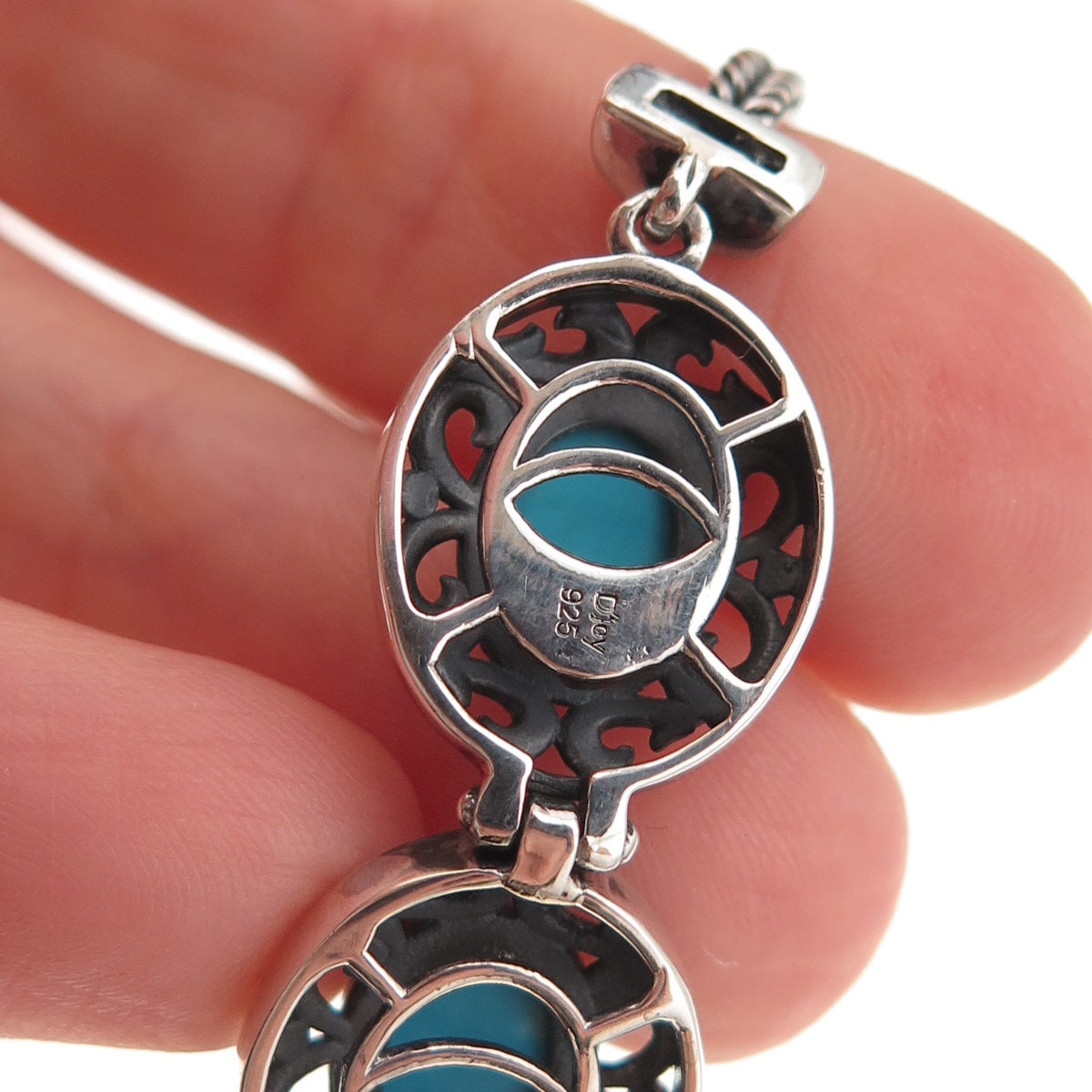 D'Joy 925 Sterling Silver Real Turquoise Floral Ornate Oxidized Bracelet 7-8"