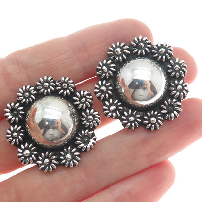 925 Sterling Silver Vintage Mexico Cannetille Floral Oxidized Clip On Earrings