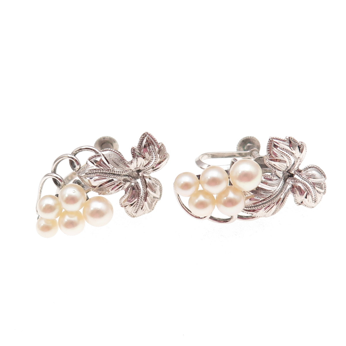 925 Sterling Antique Art Deco Real Akoya Pearl Floral Screw Back Earrings