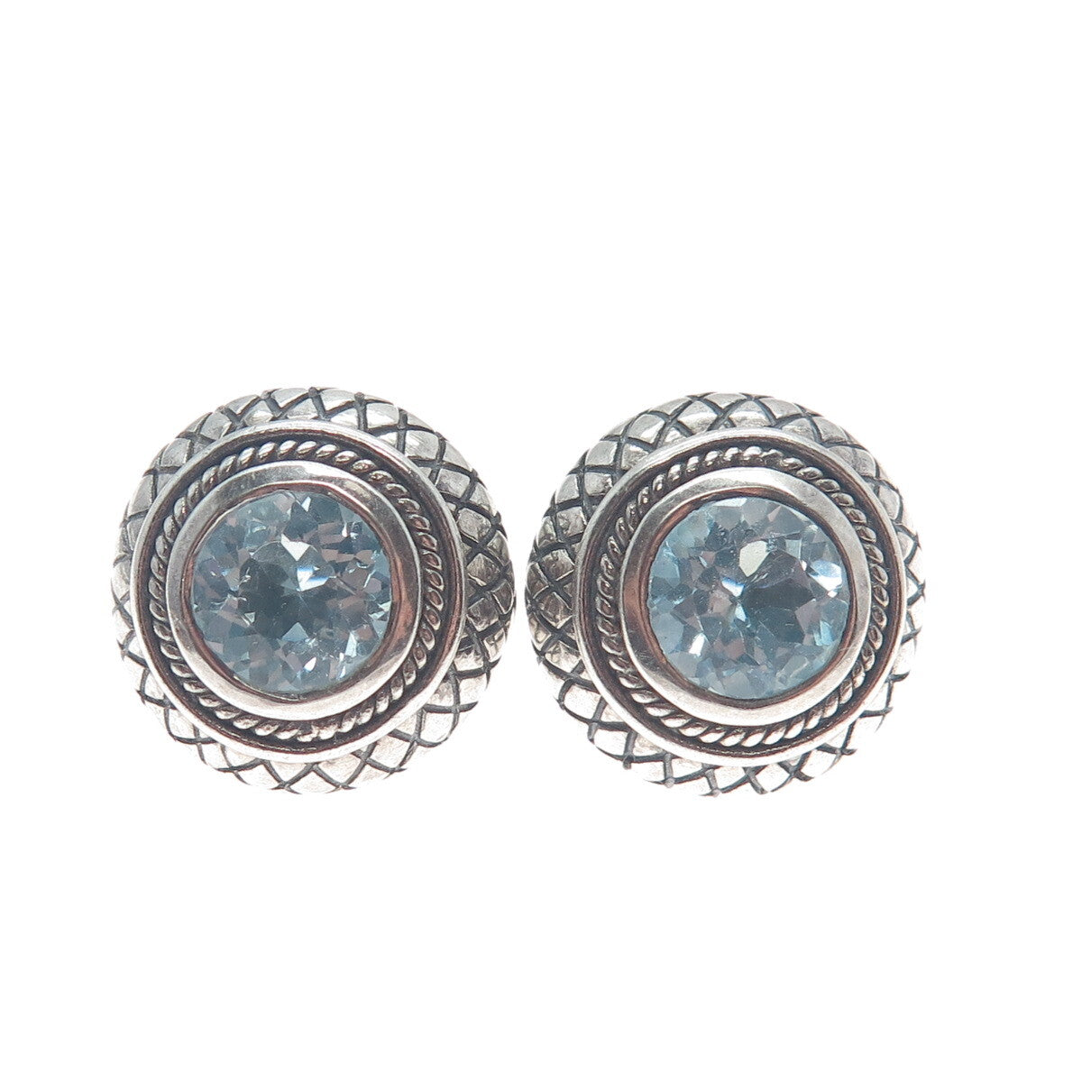 925 Sterling Silver Vintage Blue Topaz Gem Modernist Woven Pattern Dome Earrings