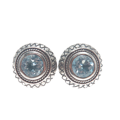 925 Sterling Silver Vintage Blue Topaz Gem Modernist Woven Pattern Dome Earrings