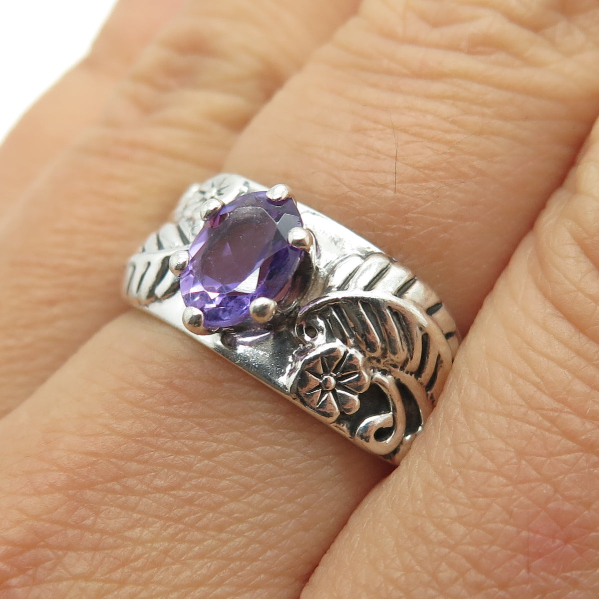 CAROLYN POLLACK 925 Sterling Silver Vintage Real Amethyst Feather Ring Size 8.25