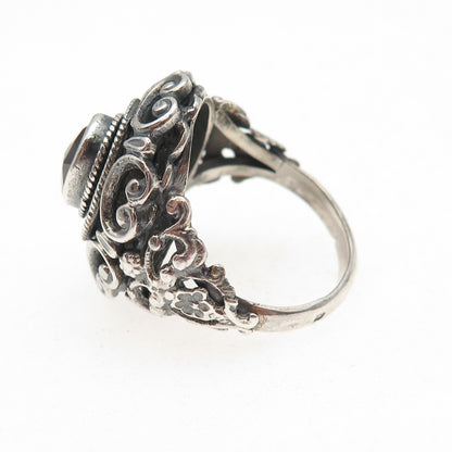 835 Silver Antique Art Deco Austria Real Red Garnet Floral Oxidized Ring Size 7