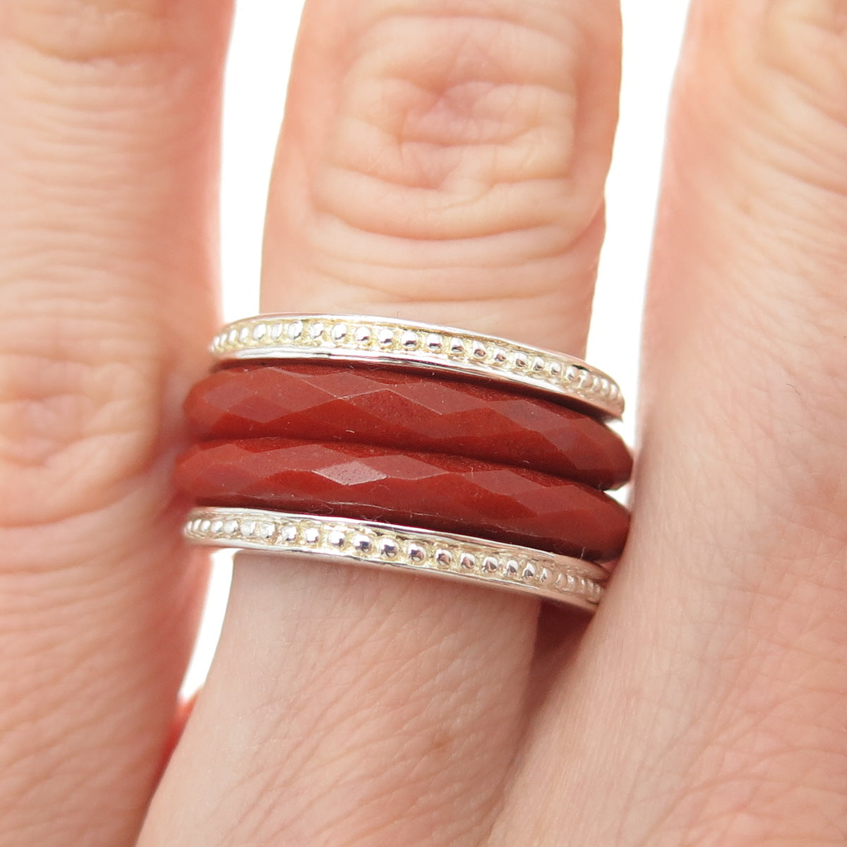 925 Sterling Silver Gold Plated WW Hong Kong Real Carnelian 2-Row Ring Size 5.25