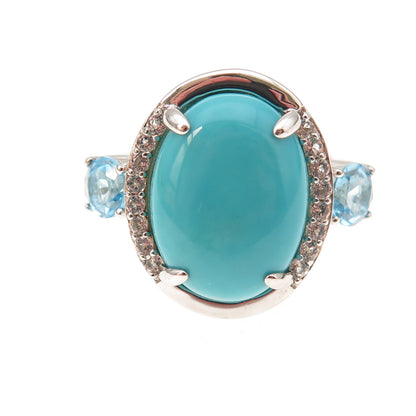 925 Sterling Real Sleeping Beauty Turquoise Blue & White Topaz Ring Size 8