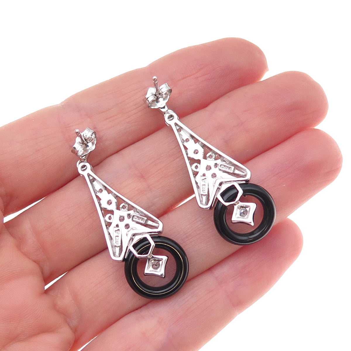 925 Sterling Silver Real Black Onyx & Round-Cut C Z Dangle Earrings
