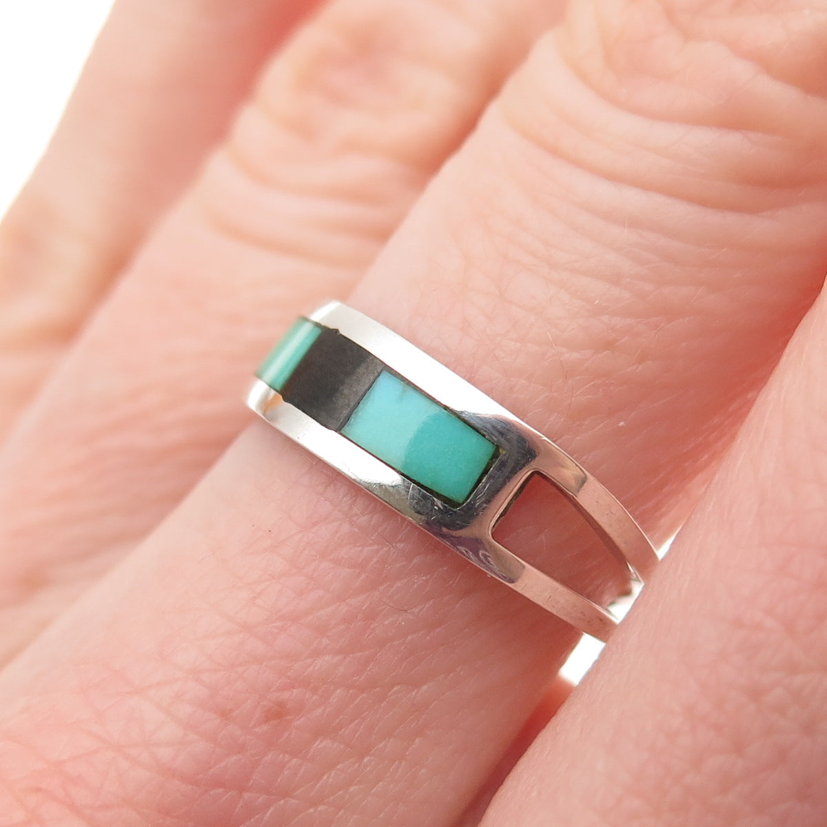 Old Pawn 925 Sterling Silver Vintage Turquoise Black Onyx Tribal Ring Size 6.75