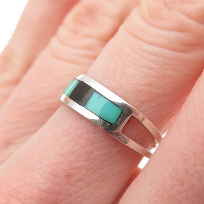 Old Pawn 925 Sterling Silver Vintage Turquoise Black Onyx Tribal Ring Size 6.75