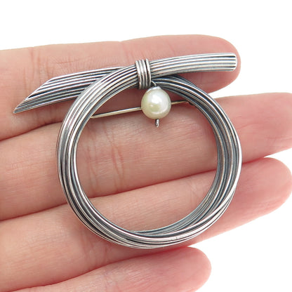 925 Sterling Silver Vintage Real Pearl Modernist Oxidized Pin Brooch
