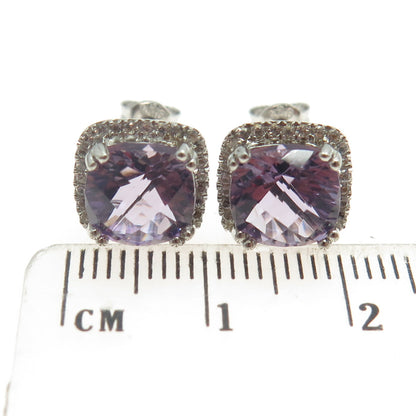 925 Sterling Silver Real Amethyst & C Z Cushion Stud Earrings