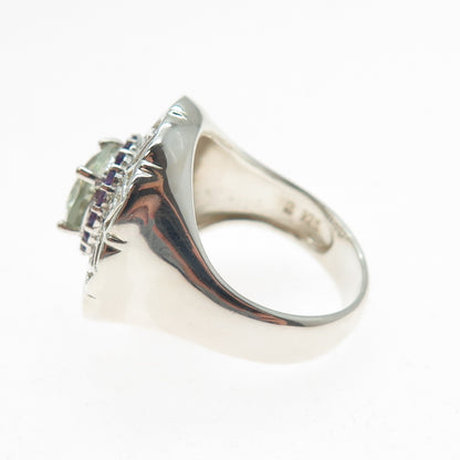 ROSS SIMONS 925 Sterling Silver Real Aquamarine & Amethyst Flower Ring Size 7.25