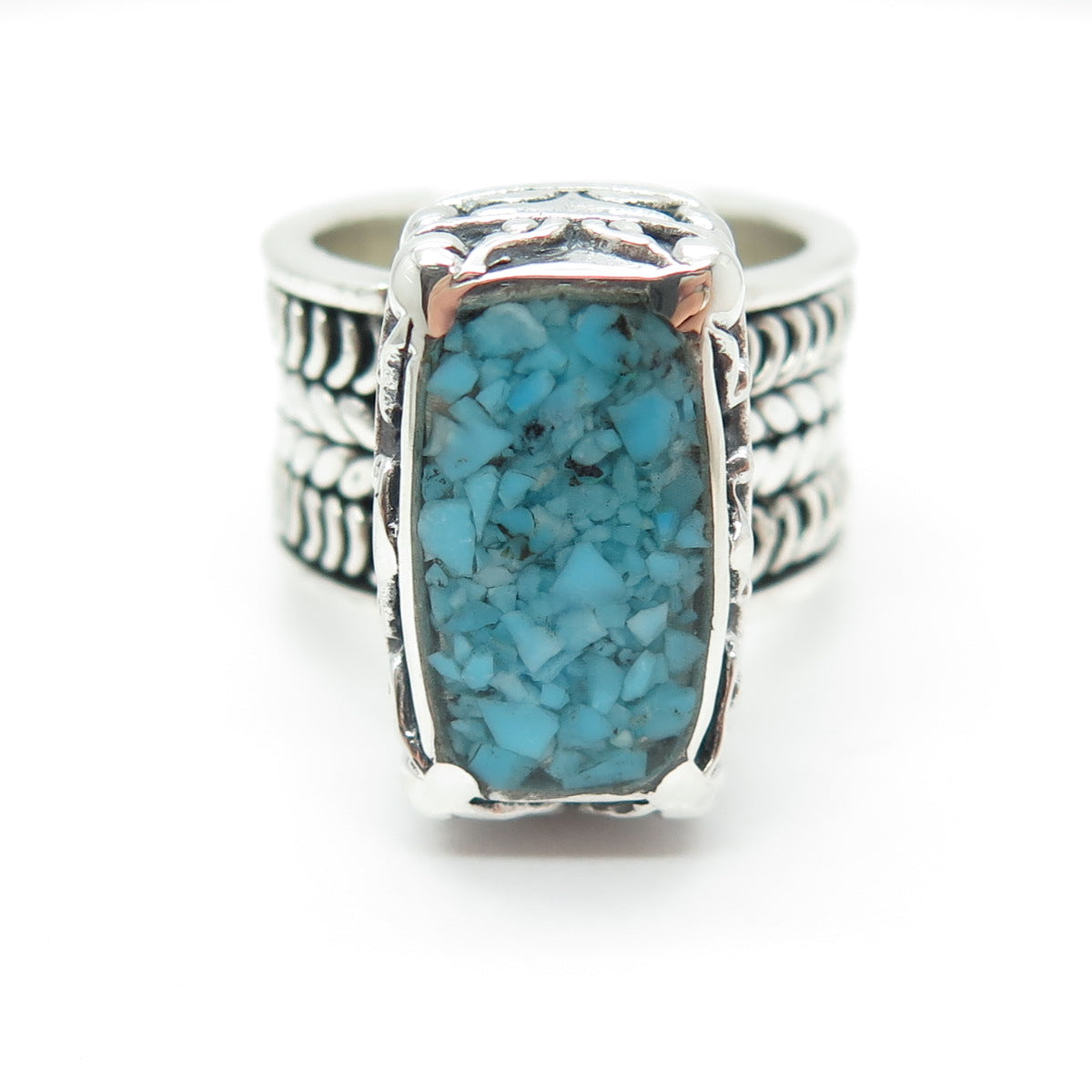 925 Sterling Silver Vintage Real Turquoise Gem Inlay Ethnic Ring Size 6.25