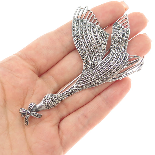 925 Sterling Vintage Real Red Garnet & Marcasite Stork Brooch (missing 4 stones)